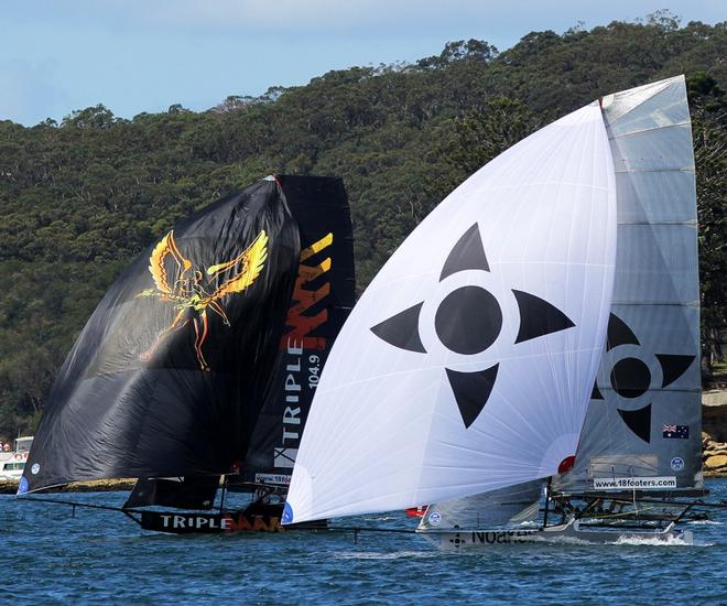 Race 7 – Noakes Youth led Triple M on the spinnaker run from Rose Bay to the wing mark off Clark Island – 18ft Skiffs Spring Championship ©  Frank Quealey / Australian 18 Footers League